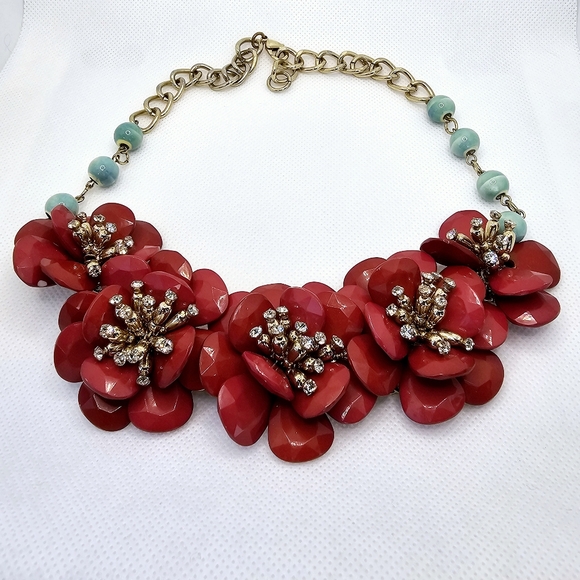 Anthropologie Camelia Red Flowers and 4 Blue Beads on Each Side Statement Piece! - Picture 2 of 3